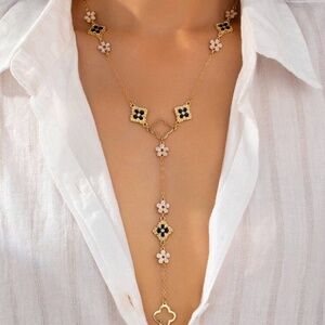 Gold Clover Lariat Necklace Long Drop Flower Charm Necklace